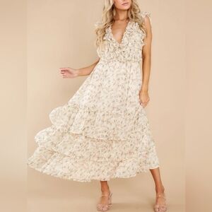Floral White Ruffle Plunge Maxi Dress (Bella Ella Boutique) Storia Size: Small